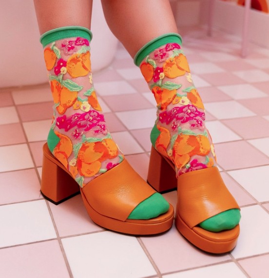 Orange Floral Sheer Crew Sock