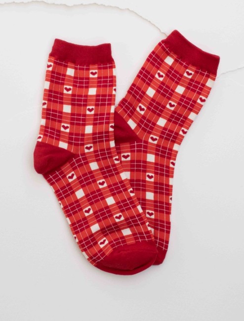 Plaid Heart Socks Red