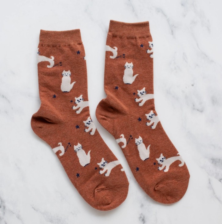 Cat Meow Casual Socks - Rust